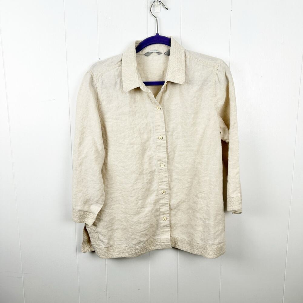 Liz Claiborne Cream 100% Linen Button Front 3/4 Sleeve Top Large